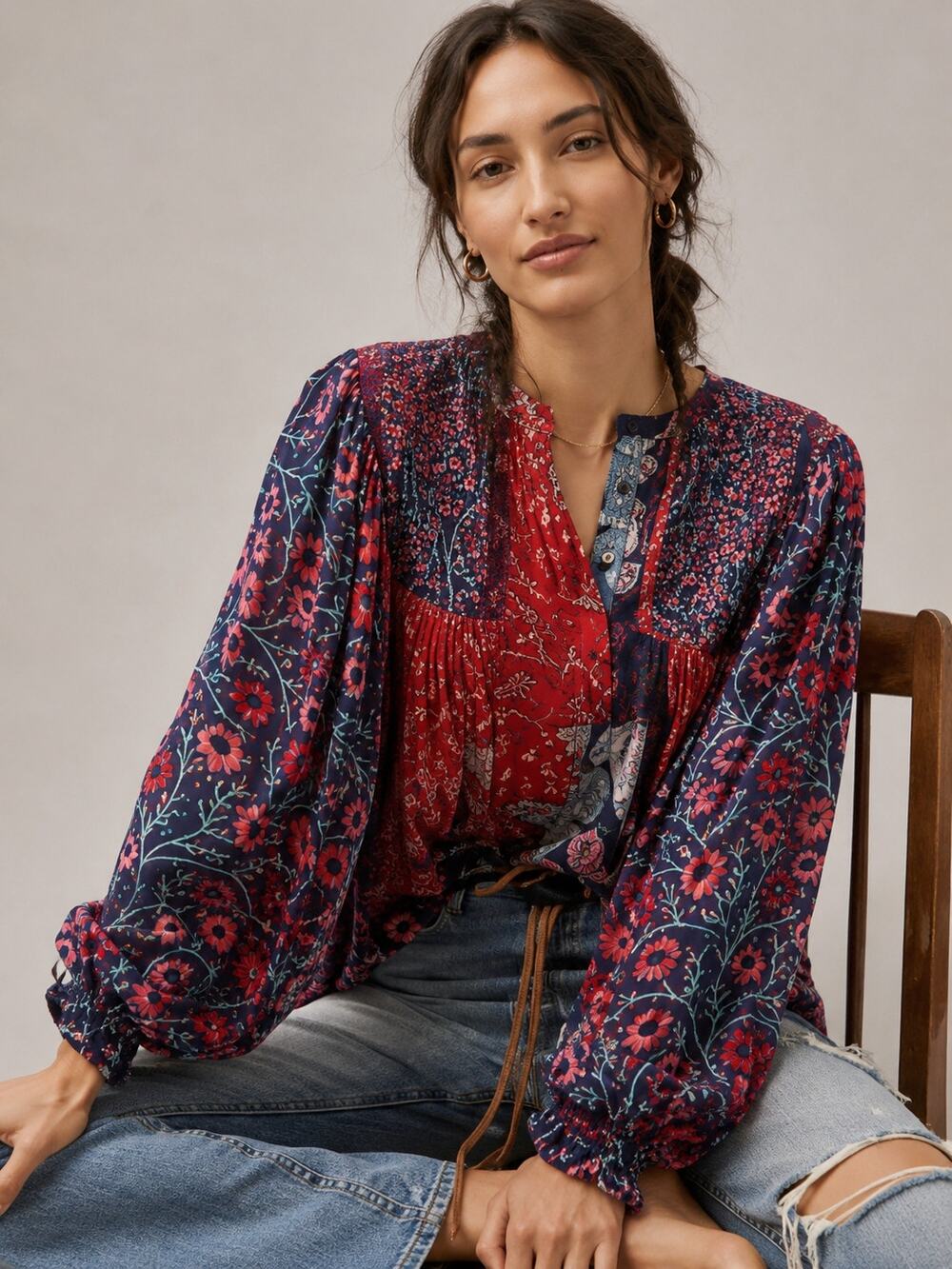 Blank London Anthropologie Miranda Peasant Top Womens Small Floral Ballon Sleeve